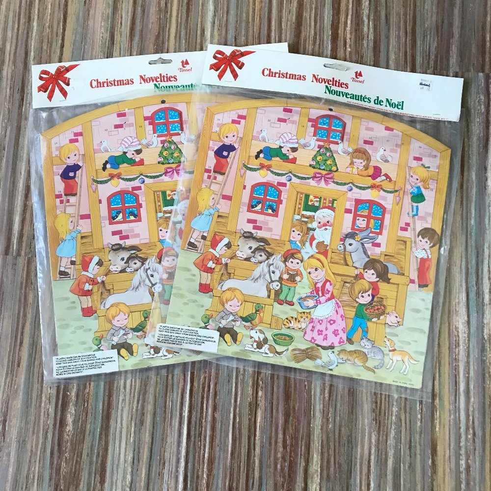 Christmas Advent Calendar Set of 2 Animal Manger Barn with Santa 80s Hong Kong